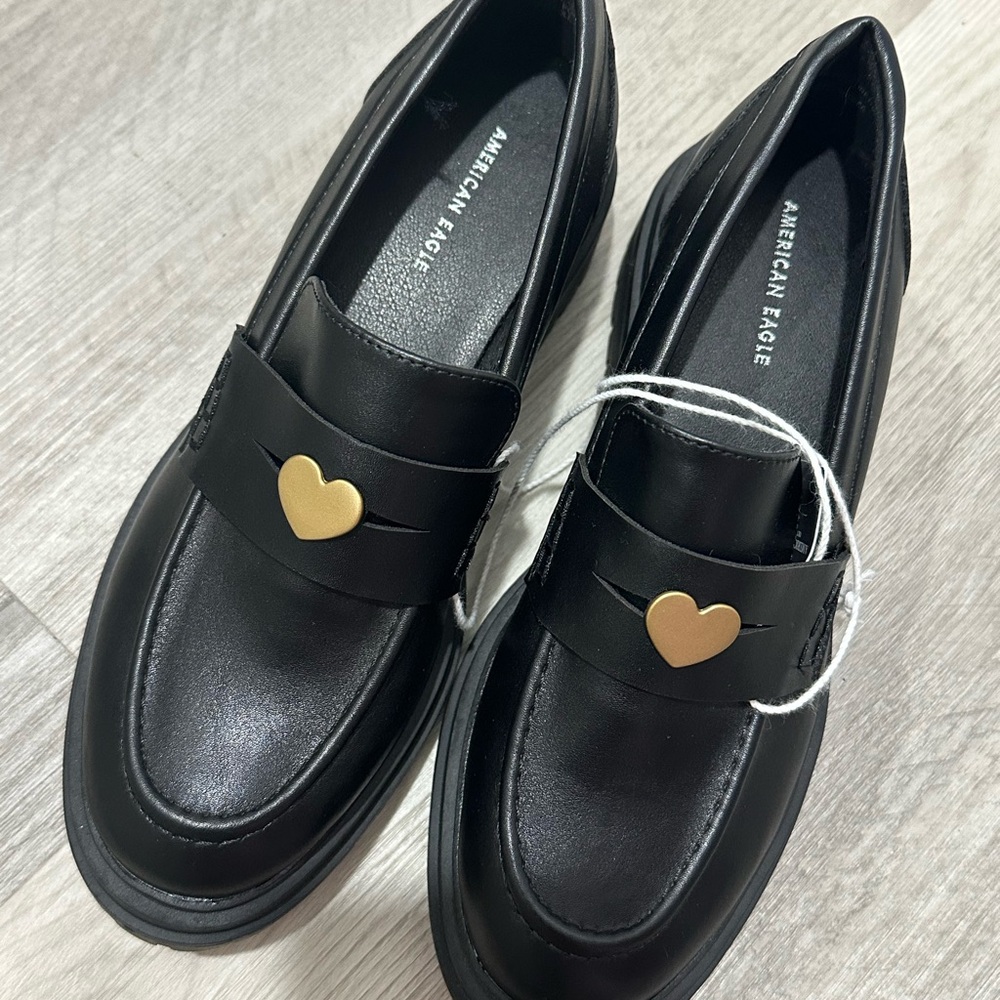 American Eagle Outfitters Black Loafers with Gold Heart Accent